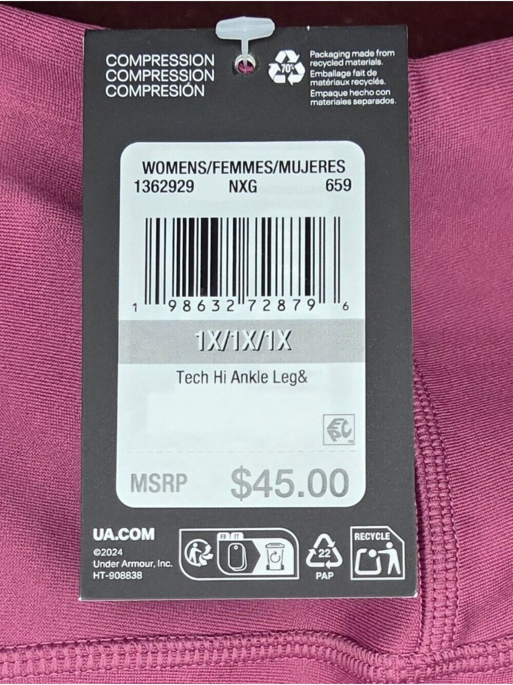 Under Armour Tech HeatGear Fuchsia Ankle Leggings 1X Athleisure Gym Workout - Picture 11 of 11